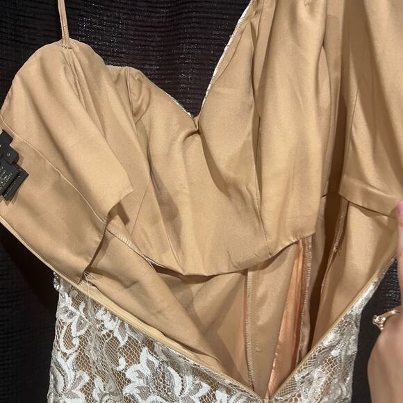 Terani Couture Sunburst Rhinestone & Lace Gold Cream Tan Cocktail Pageant Dress - Picture 14 of 16